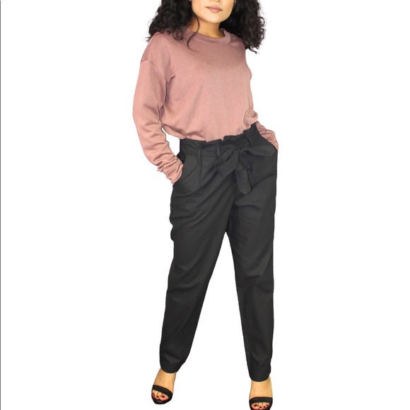 PAPER-BAG WAIST BELTED TAPERED PANTS - Picture 2 of 5